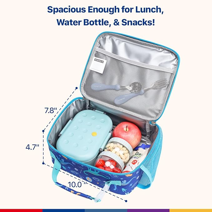 Bagseri Kids Lunch Bag Boys - Insulated Lunch Bag Reusable Leak-Proof Kids Lunch Box for Daycare and School, Blue Space Dinosaur (Water Bottle Not Included)
