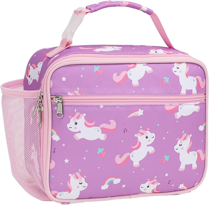 Bagseri Kids Lunch Bag for Girls - Insulated Kids Lunch Box for Daycare and School Reusable Meal Tote Bag with Water Bottle Holder, Easy-Clean Water-Resistant Fabric, Purple Cute Unicorn
