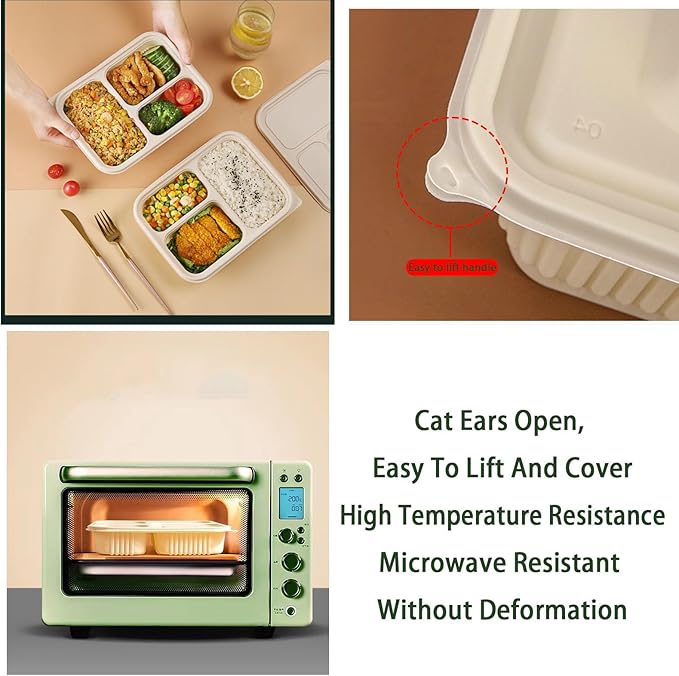 50 Packs of Disposable 36 Ounce Square Meal Prep Container, 3-Chamber Bento Box, Thickened Food Storage Container With Lid, Stackable.