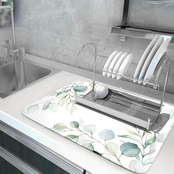 Sage Green Dish Drying Mats for Kitchen Counter Large Drying Mat for Dishes Microfiber Dish Rack Mat Kitchen Decor Spring Leaf Flower Drainer Pad Washable Foldable Ultra Absorbent Dry Mat 18×24 Inch