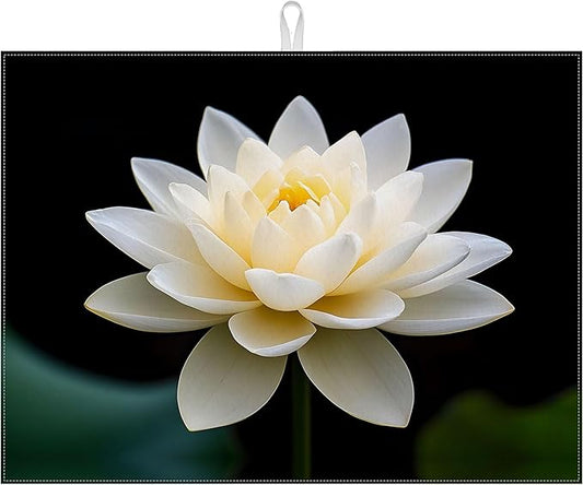 White Louts Flower Dish Drying Mat for Kitchen Counter Floral Drying Pad Absorbent Reversible Dish Drainer Rack Mats Draining Pad 18"x24"Inch