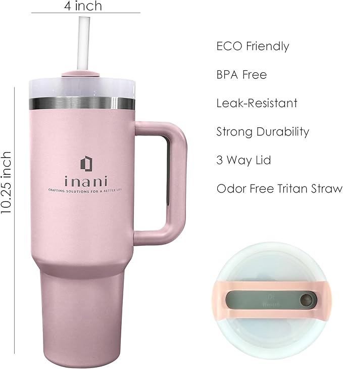 inani 40oz Tumbler With Handle And Straw, Insulated Travel Cup, Leak-Resistant, Spill-Proof Lid, Dishwasher Safe, BPA-Free, Double-Wall Insulated Premium Mug For Hot Or Iced Beverage, Rose Pink