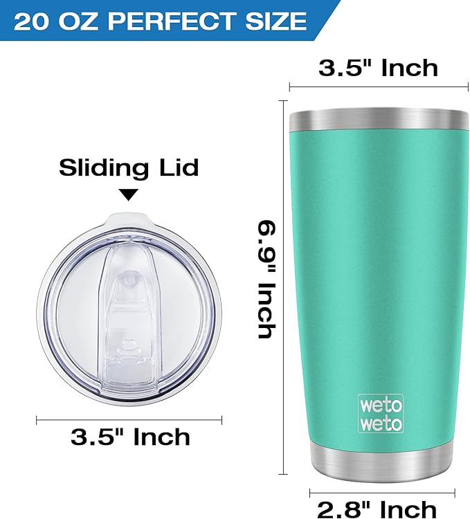 WETOWETO 20oz Insulated Stainless Steel Tumbler, Double Wall Vacuum Leak-proof Travel Coffee Mug, Powder Coated Water Cup (Cyan, 1 Pack)