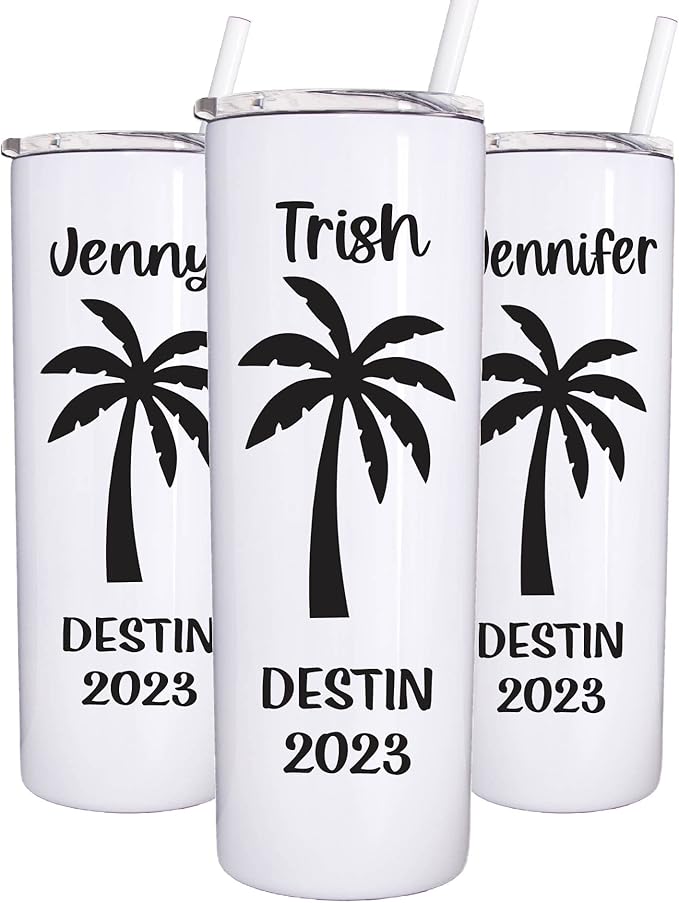 AVITO Personalized Palm Tree Tumbler - 20 oz White Tumbler - Includes Straw and Lid with Straw Opening - Vacuum Insulated - Stainless Steel