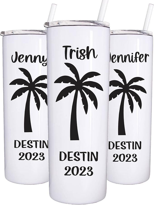 AVITO Personalized Palm Tree Tumbler - 20 oz White Tumbler - Includes Straw and Lid with Straw Opening - Vacuum Insulated - Stainless Steel