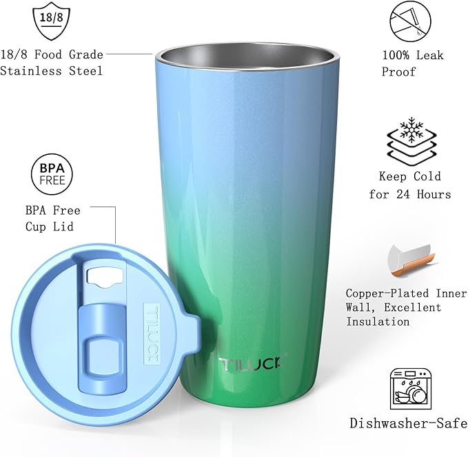 TILUCK 20 oz Tumbler with Leak-Proof Lid, Vacuum Insulated Stainless Steel Coffee Mug, Double-Walled Travel Tumbler for Hot and Cold Drinks(GlitterGreenBlue, 20oz)
