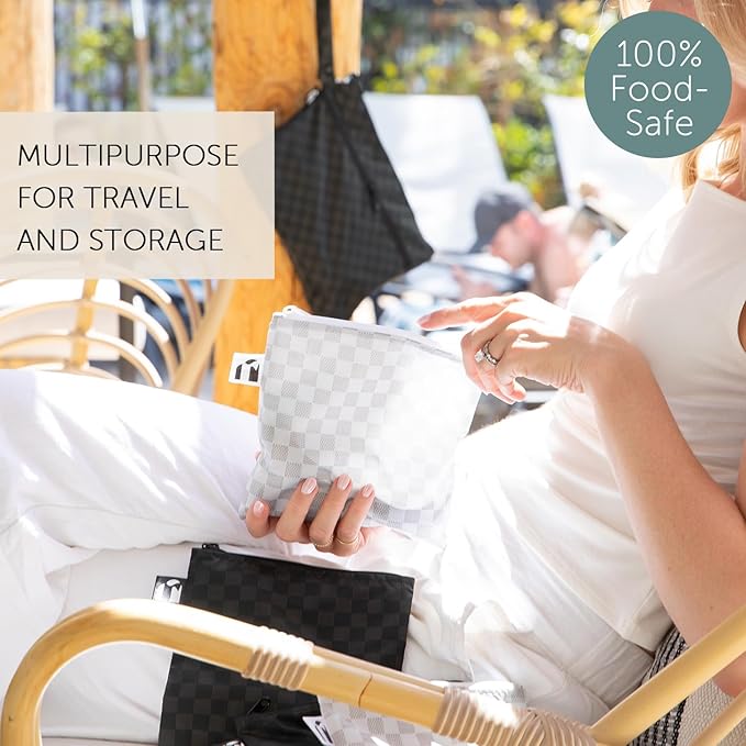 Roamio Reusable Sandwich and Snack Bags, for Kids School Lunch and for Adults Portion, Washable Fabric, Waterproof Cloth Zip Bag, Travel Pouch, Food-Safe Storage, Large 2-pk Black Check and Off White