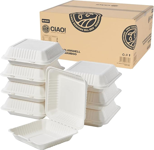 CIAO! 8"x8"x3" Clamshell 1 Compartment 100% Compostable Ecofriendly PFAS Free Unbleached Bagasse Natural White (200/case)