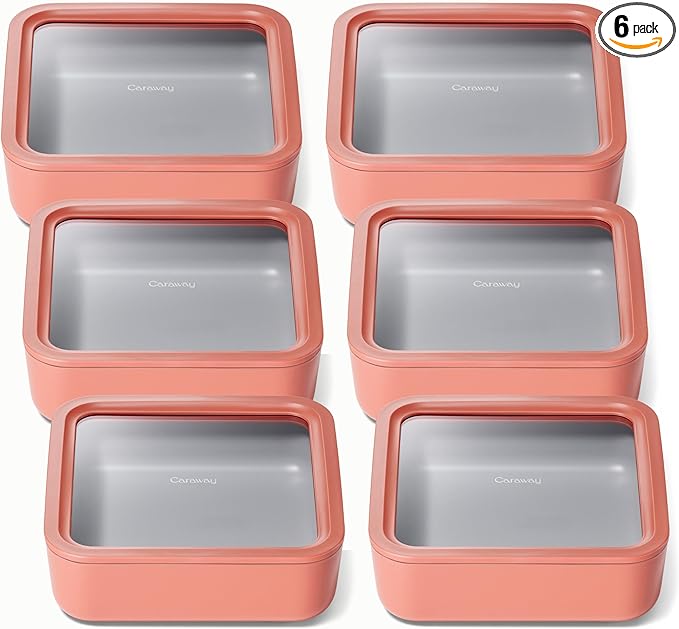 Caraway 6pc Glass Food Storage Set – 10 Cup Food Containers (6) - Ceramic Coated - Non Toxic, Non Stick with Lids - Microwave Safe - Perracotta