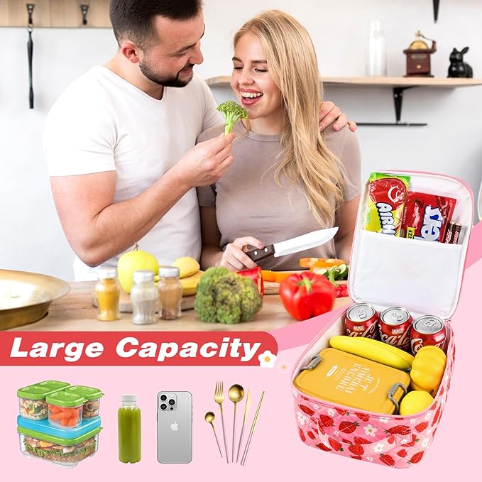 Aileam Lunch Box for Women Cute Strawberry Lunch Bag Quilted Reusable Insulated Lunch Box Aesthetic Lunch Tote Bags Floral Cotton Lunch Case for Travel Work Picnic (Pink Strawberry Flower)