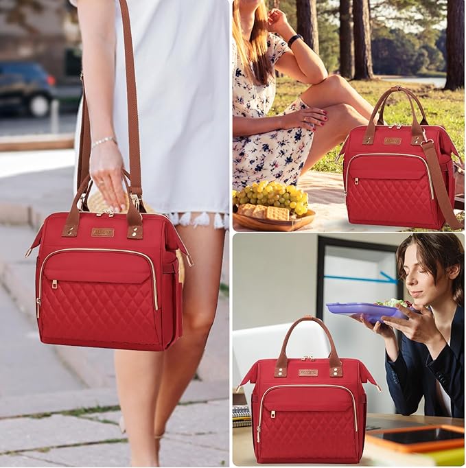 AIJIEKE Lunch Bag for Women, Large Lunch Box for Work Insulated Lunch Bag, Adult Leak Proof Lunch Tote Cooler Bag with Side Pockets & Adjustable Strap, Lunch Purse for Picnic Beach Hiking, Red