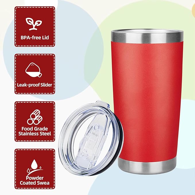 20oz Tumbler with Lid Stainless Steel Insulated Tumblers Travel Coffee Tumbler Bulk Double Wall Vacuum Insulated Water Cup Christmas Gifts for Women Men Her Him Home Office (Red, 4pack)