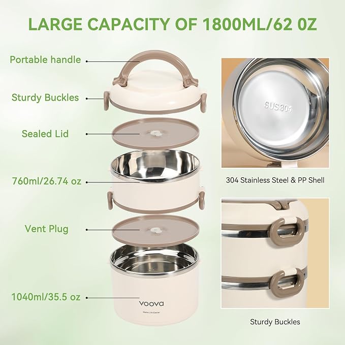 Voova Stackable Stainless Steel Thermal Lunch Box with Lunch Bag for Women Men Adult, 2 Tier Leakproof & Microwave Safe Insulated Bento Boxes Food Container for Work School, Beige