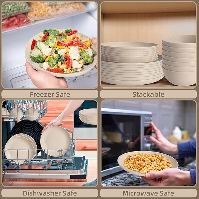 Cream Plastic Plates and Bowls Sets Dishwasher and Microwave Safe Wheat Straw Dinnerware Sets for 8,Reusable Plastic Dishes Set Lightweight Unbreakable for Kitchen Camping Outdoor RV 32 Pcs