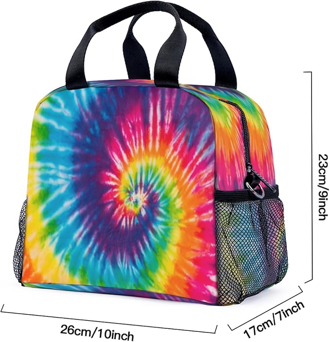 Tye Dye rainbow colors Lunch Bag for Women Men Cute Large Capacity Thermal Lunch Tote Reusable Washable with Adjustable Shoulder Strap and Dual Large Mesh Side Pockets
