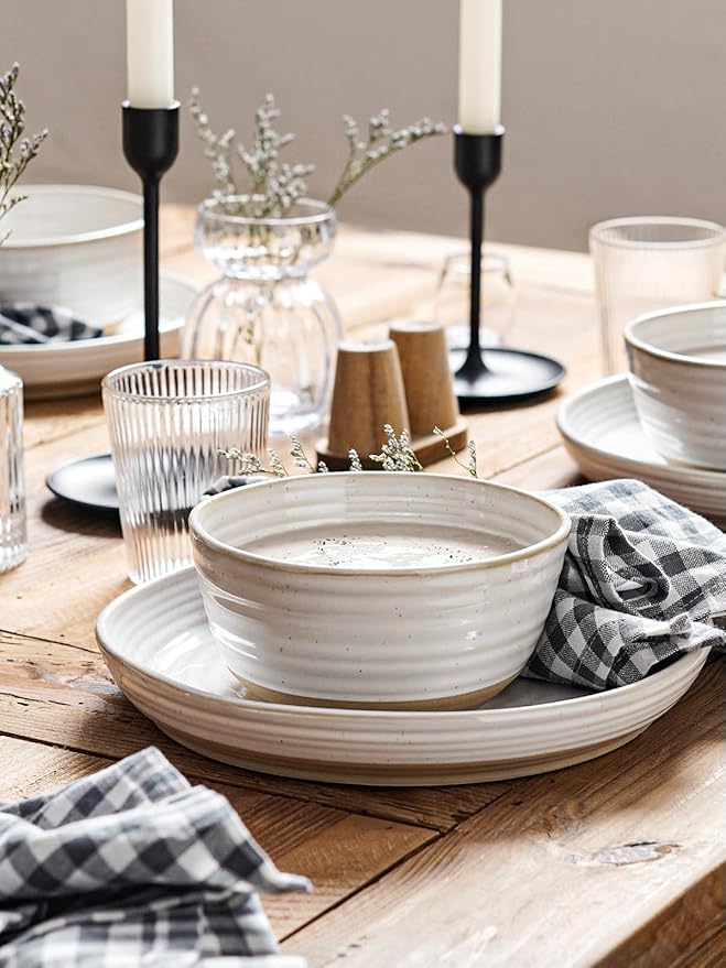 LE TAUCI Dinnerware Sets 12 PCS, Ceramic Plates and Bowls Set, For Housewarming (28 oz Cereal Bowl+ 8" Salad Dish+10" Dinner Plate) x 4, Oven safe, Arctic White