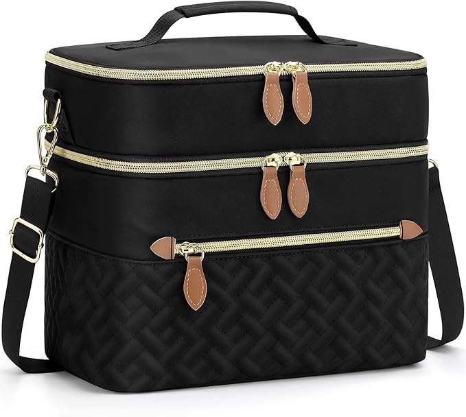 Capolo Lunch Box for Women Men Adults,Double Deck Insulated Lunch Bag Leakproof Lunch Cooler Box with Removable Strap Lunch Tote Bags Reusable Thermal Lunchbox for School Work Picnic(Large,Black)