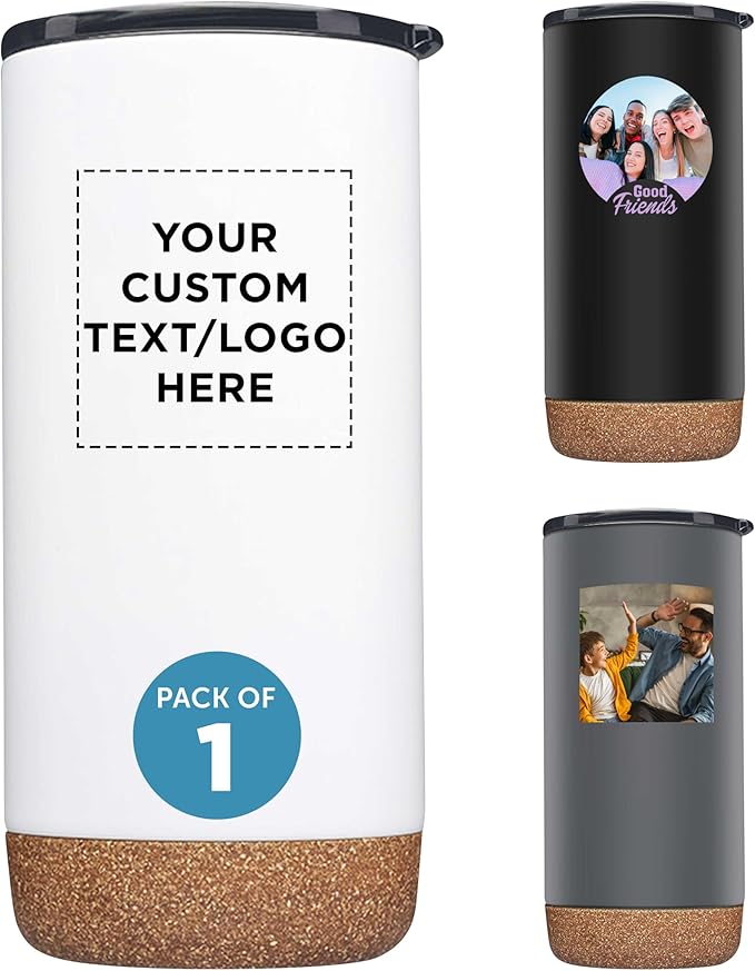 DISCOUNT PROMOS Custom Travel Tumblers with Cork Bottom 16 oz. Set of 1, Personalized Bulk Pack - Double Wall Insulated, Matte Finish, Perfect for Iced Coffee, Soda, Other Beverages - White