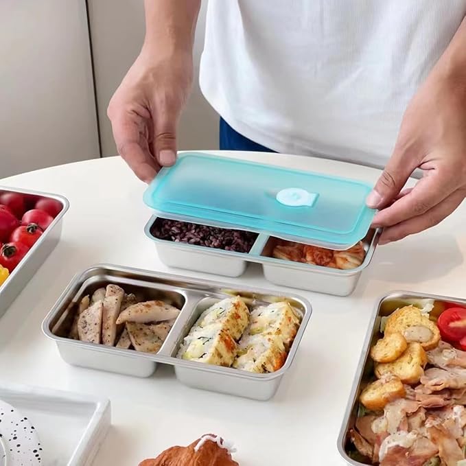 Stainless Steel Snack Containers - 2 Compartment Bento Box with Lids, Dishwasher-Reusable Storage Containers for Snacks, Dips, Fruits, Leak Proof, Travel, Camping (Includes Spoon & Fork)