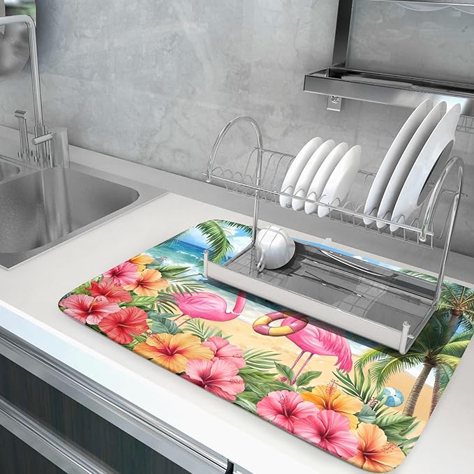 Summer Flamingos Dish Drying Mat 18x24 inch Tropical Beach Microfiber Washable Dish Rack Mats Drainer Pad for Counter Kitchen Table Decor