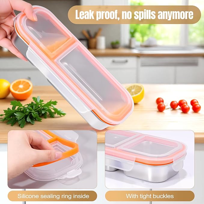 2 Pack Stainless Steel Snack Containers - Reusable Double Compartment Snackle Box Container with Lids for Kids Adults, Divided Snack Food Storage Containers for School, Home, Travel