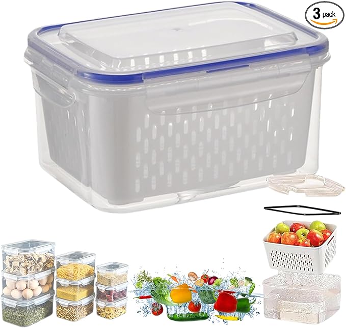 Relativityi Transparent Plastic Food Storage Containers, Relativityi Household Transparent Plastic Food Storage Box-Including Drain Basket with Removable Colander (Blue, M)