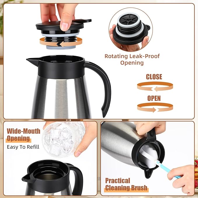 Uiifan 2 Pcs Thermal Coffee Carafe Insulated Stainless Steel Coffee Carafes for Keeping Hot and Cold Double Walled Vacuum Thermal Pot Flask with Brush for Water Milk Tea Home and Office (Silver,51oz)