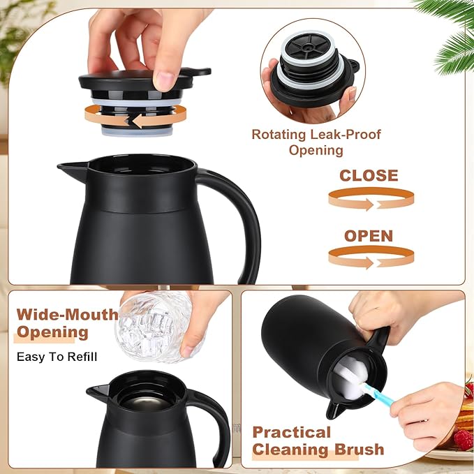 Uiifan 2 Pcs Thermal Coffee Carafe Insulated Stainless Steel Coffee Carafes for Keeping Hot and Cold Double Walled Vacuum Thermal Pot Flask with Brush for Water Milk Tea Home and Office(Black,34oz)