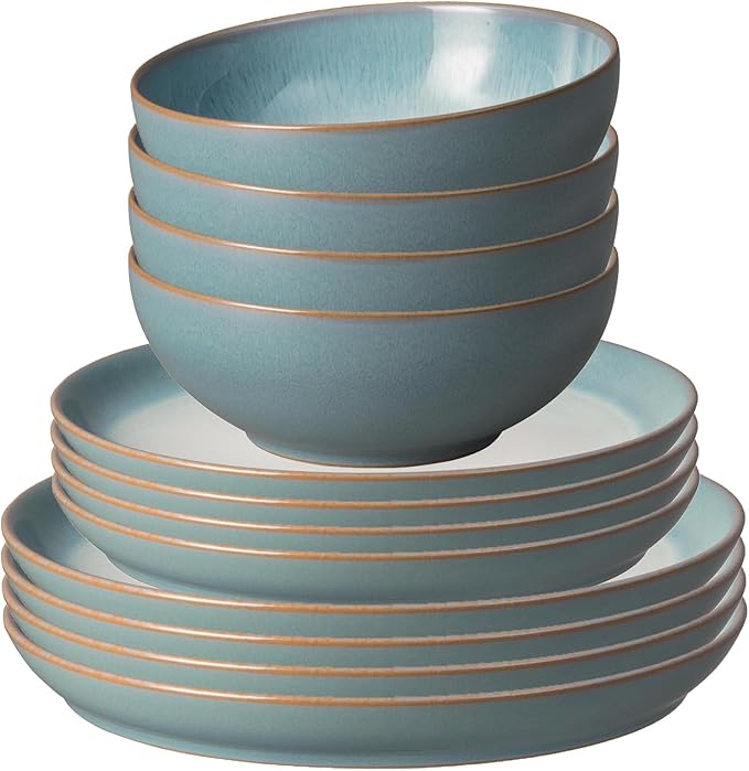 Denby - Azure Haze Dinner Set For 4-12 Piece Coupe Reactive Glaze Aqua Ceramic Stoneware Tableware Set - Dishwasher Microwave Oven Safe - Scratch Chip Resistant