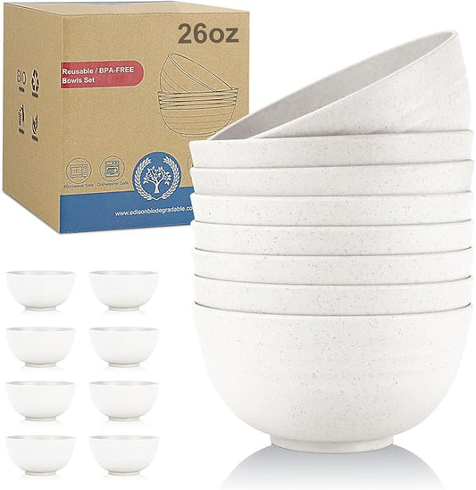 Wrova Wheat Straw Bowls Set of 8, Unbreakable White Cereal Bowl 26OZ, Microwave and Dishwasher Safe Oatmeal Bowls, Kitchen Bowl Suitable for Cereal,Salad,Snack (White)