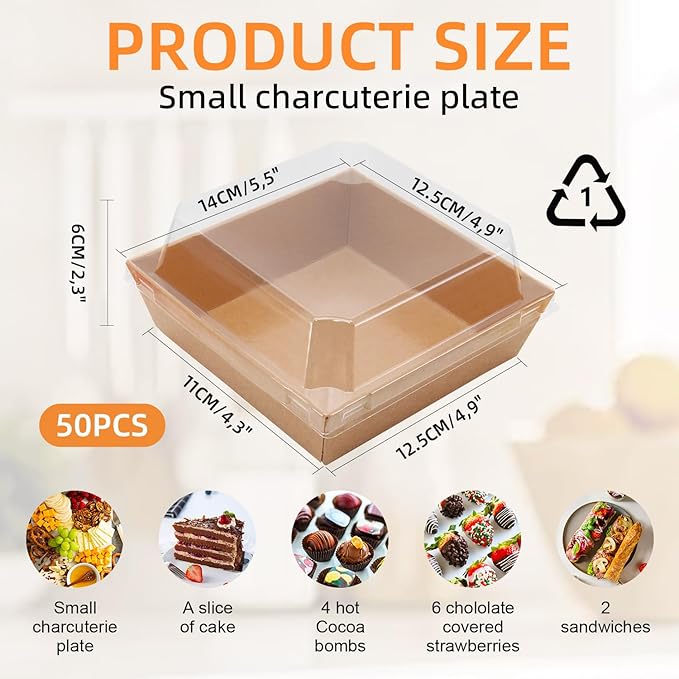 50 Pack Small Paper Charcuterie Boxes with Clear Lids, Dessert Boxes Square Disposable Paper Bakery Boxes to Go Food Containers for Desserts, Sandwich, Cookie, Sushi, Cake Slice and Strawberries