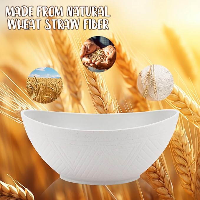 Wrova Wheat Straw Bowls Set of 2 with Textured Pattern,Unbreakable Large Salad Bowls,Plastic Bowls Dishwasher & Microwave,Sturdy and Stackable Kitchen Bowl Sets for Serving,Oatmeal.White
