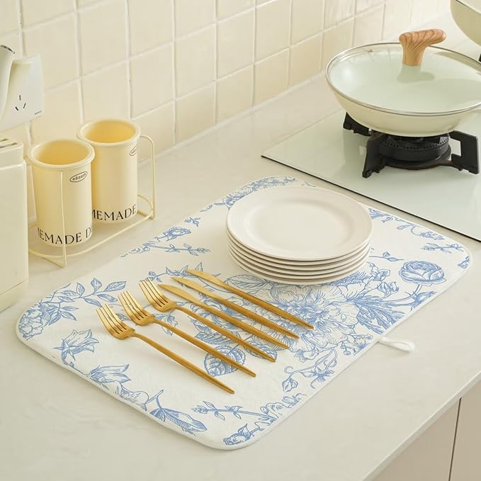 Baby Blue Chinoiserie Floral Dish Drying Mat 18 x 24 inch Vintage Flower Decorative Drying Mats Microfiber Absorbent Dish Washable Draining Mat for Kitchen Counter Decor