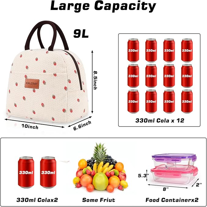 BALORAY Lunch Bag for Women Men Insulated Lunch Box for Adult Reusable Lunch Tote Bag for Work, Picnic or Travel (Corduroy Beige with Strawberry)