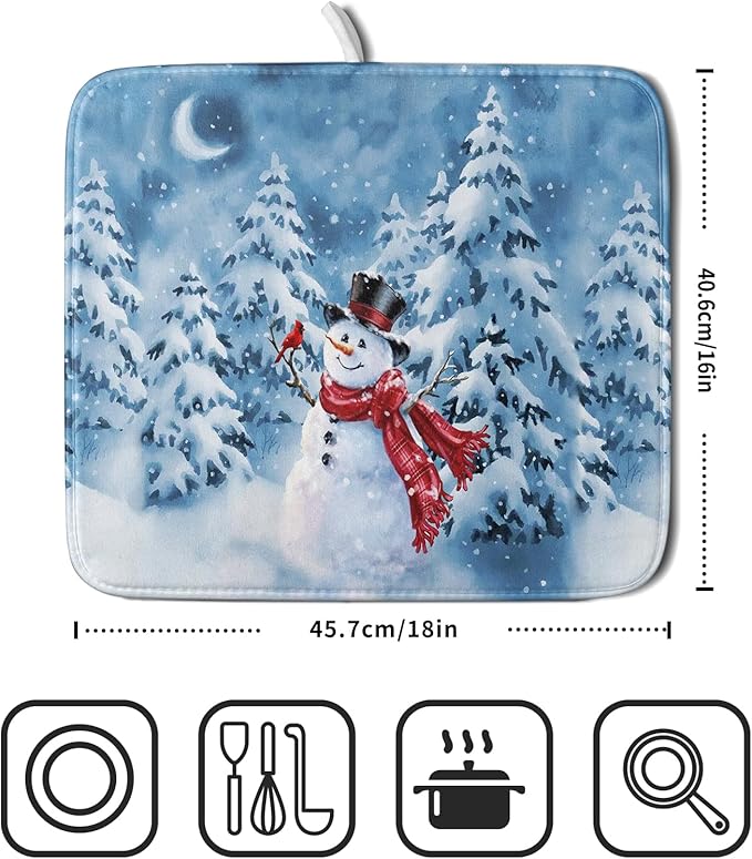 Blue Snowman Dish Drying Mat Winter Pine Tree Drainer Rack Mats 16x18 Inch Absorbent Fast Dry Dish Pad Protector Kitchen Counter Accessories