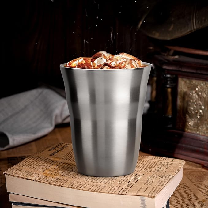 Beasea Metal Cups 8 oz Set of 4, Stainless Steel Cup 8 oz Double Wall Stackable Small Mini Glasses Insulated Drinking Tumblers for Home Restaurant Office Camping Party