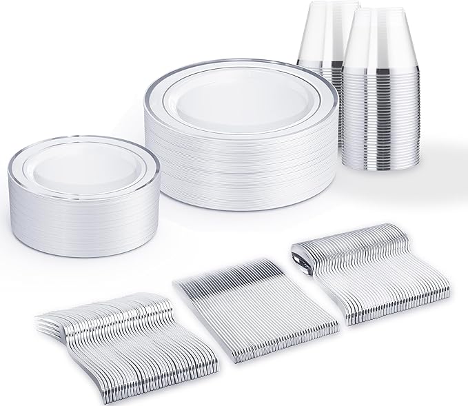150 PCS Silver Disposable Dinnerware Set for 25 Guests, Silver Plastic Plates for Party, Including 25 Dinner Plates, 25 Salad Plates, 25 Cups, 25 Forks Knives Spoons for Wedding and Party Supplies