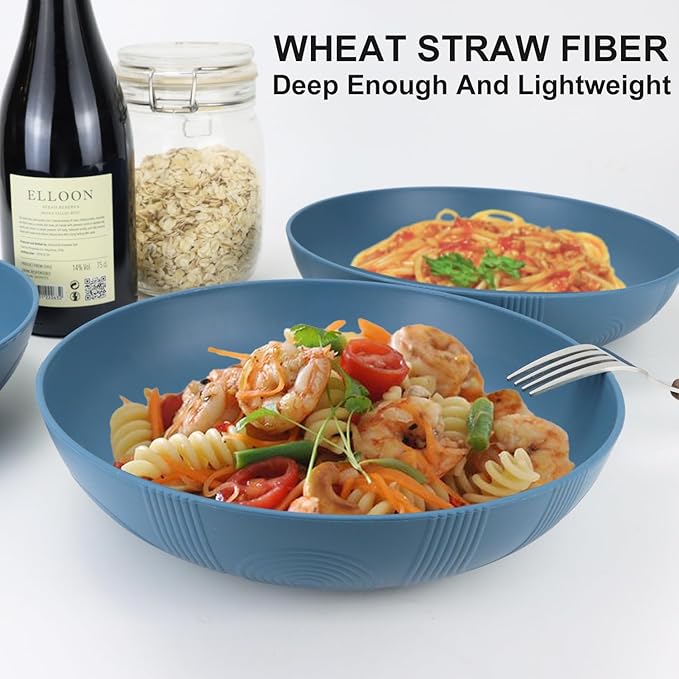 PYRMONT 10inches Large Pasta Bowls Set of 6-65oz Wheat Straw Bowl,Bowl Plates,Large Plastic Bowls Reusable for Pasta,Salad,Soup,Unbreakable & Lightweight Plates for Kitchen,Dishwasher Safe,BPA-Free
