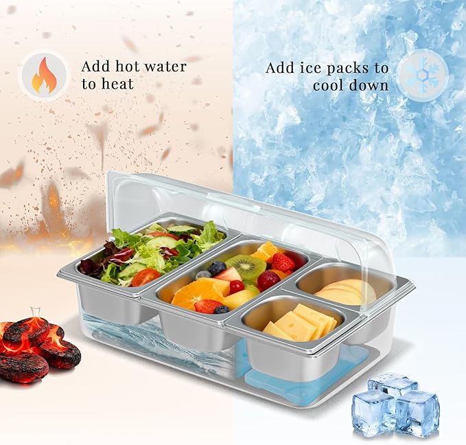 Stainless Steel Countertop Food Serving Display Container with Clear Roll Top Cover - Ice Food Serving Tray for Buffet, Restaurant, Kitchen, or Party(6 Pans 2 Sizes)
