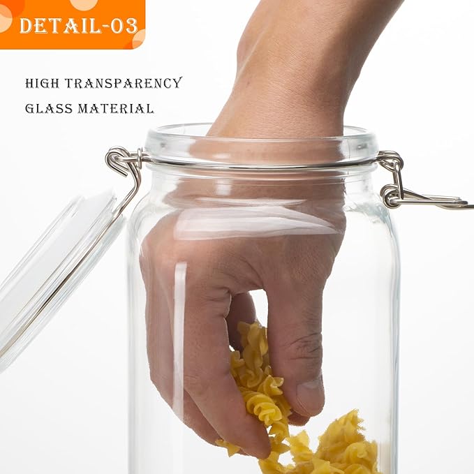 34oz Square Glass Food Storage Jars with Airtight Clamp Lids, 3 Pack Large Kitchen Canisters for Flour, Cereal, Coffee, Pasta and Canning, Mason Jar (Clear 34oz Square - 3 sets)