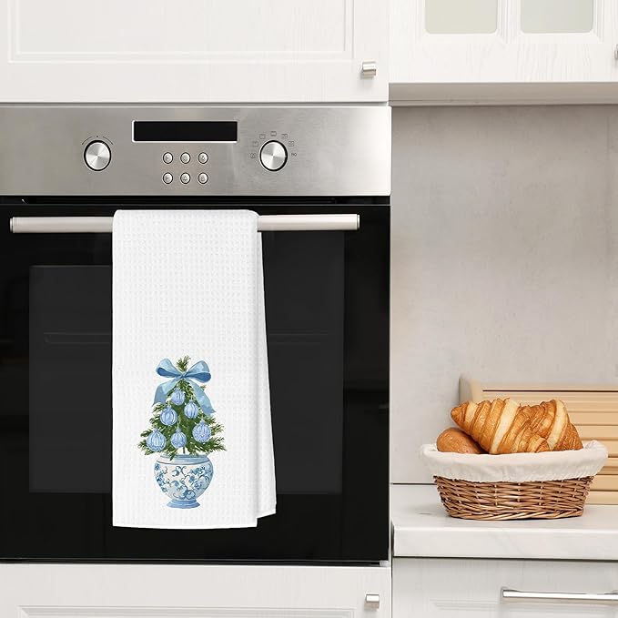 Blue Bow Chinoiserie Christmas Tree Kitchen Towels, Christmas Dish Tea Towels, Blue and White Grandmillennial Xmas Tree Hand Towel for Kitchen Bathroom Decor, 16x24 Inches