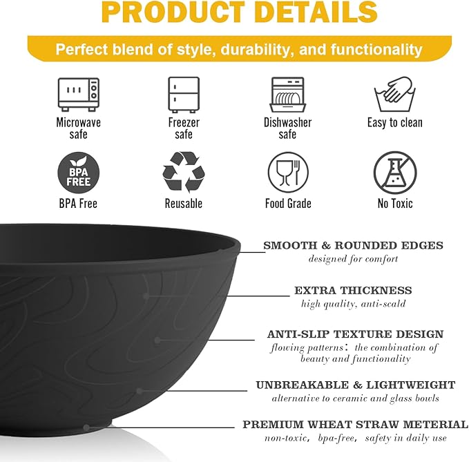 Unbreakable Cereal Bowls 40 OZ, Wheat Straw Bowls Set of 6 with Unique Pattern, Reusable Plastic Bowl for Cereal, Soup, Salad and Ramen, Indoor & Outdoor Essentials, Black