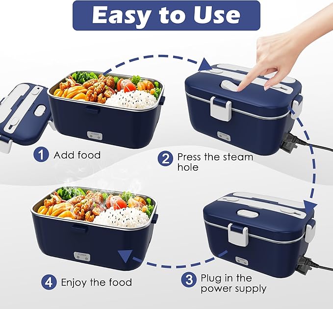 100W Electric Lunch Box Food Heated 12V 24V 110V Fast Food Warmer Heater for Car/Truck/Home Portable Food Heating Boxes with 1.8L 304 SS Container 0.45L Compartment(Royal Blue+White)
