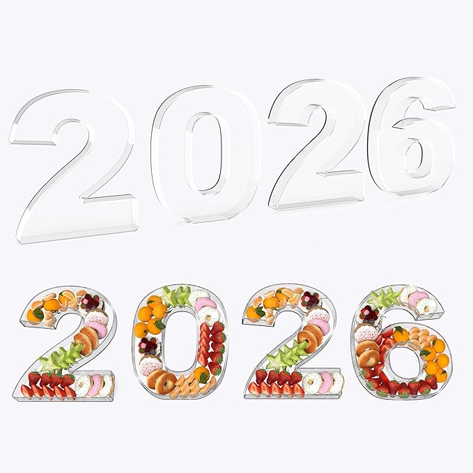 4Pcs Acrylic 2026 Charcuterie Board, 11” Reusable Fillable Number Plates for Cake Candy Dessert, Food Serving Tray for Christmas New Year Graduation Anniversary Party Decoration