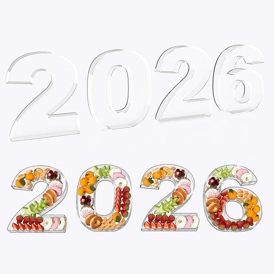 4Pcs Acrylic 2026 Charcuterie Board, 11” Reusable Fillable Number Plates for Cake Candy Dessert, Food Serving Tray for Christmas New Year Graduation Anniversary Party Decoration