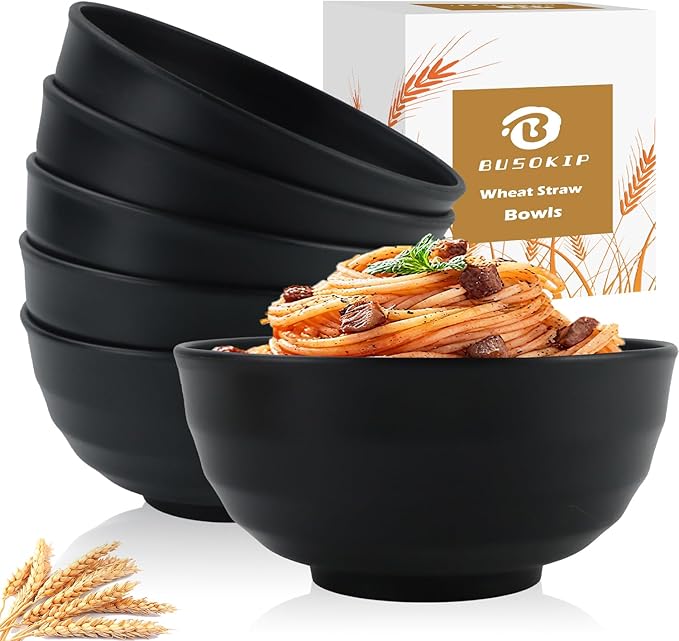Wheat Straw Bowls Unbreakable Large Salad Bowls 60 OZ Set of 6, Microwave and Dishwasher Safe Large Plastic Bowl, Big Bowl for Eating, Serving Soup, Ramen, Popcorn (Black)