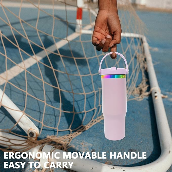 30 oz Tumbler with Handle and Straw, Vacuum Insulated Tumblers with Flip Straw and Top Handle, Leakproof Powder Coated Tumbler, Stainless Steel Travel Mug for Coffee Water (Purple)