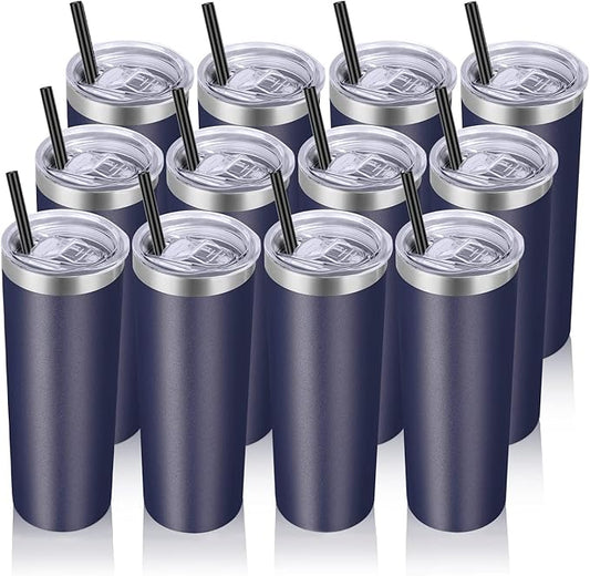 VEGOND Stainless Steel Tumblers Bulk 12 Pack, 20 oz Vacuum Insulated Skinny Tumblers with Lids and Straws, Double Wall Coffee Mug, Travel Water Cup, Navy Blue