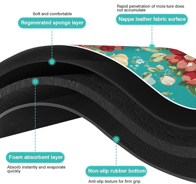 Rubber Dish Drying Mat for Kitchen Counter Large Boho Flowers Washable Quick Home Coffee Pad Fit Under Sink,Bar,Utensils 16x18in