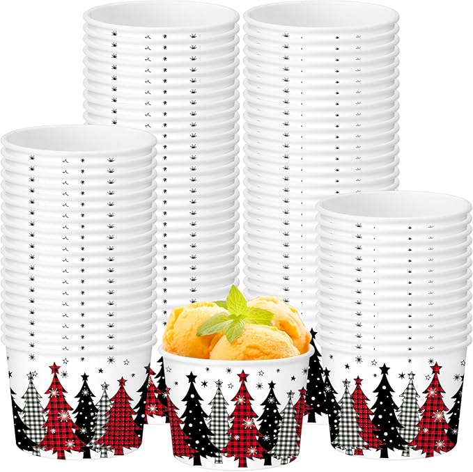 50 Pack Christmas Tree Treat Snack Cups Xmas Red and Black Buffalo Plaid Paper Ice Cream Cups 9 oz Disposable Dessert Bowls Soup Bowls for Hot or Cold Food Winter Xmas Holiday Party Supplies